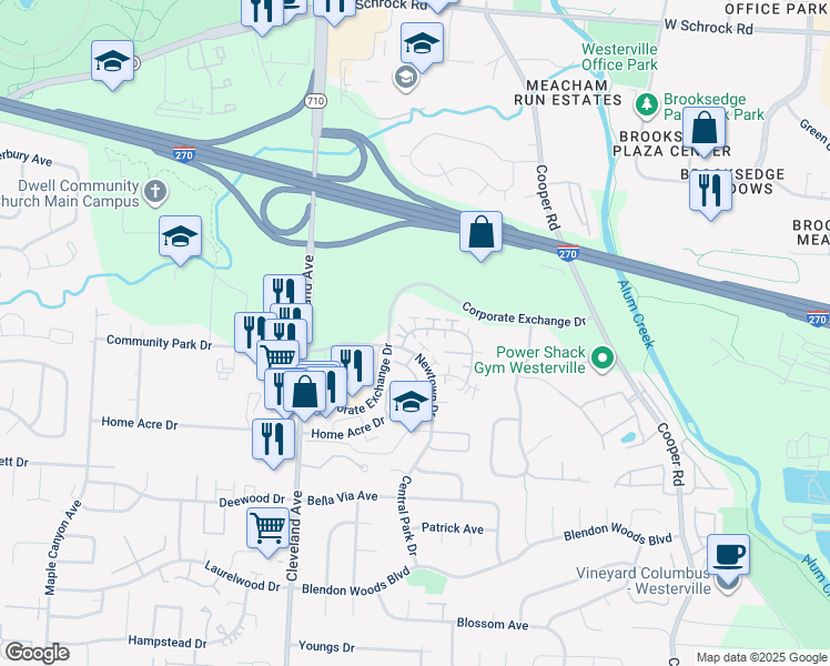 map of restaurants, bars, coffee shops, grocery stores, and more near 2637 Christine Boulevard in Columbus