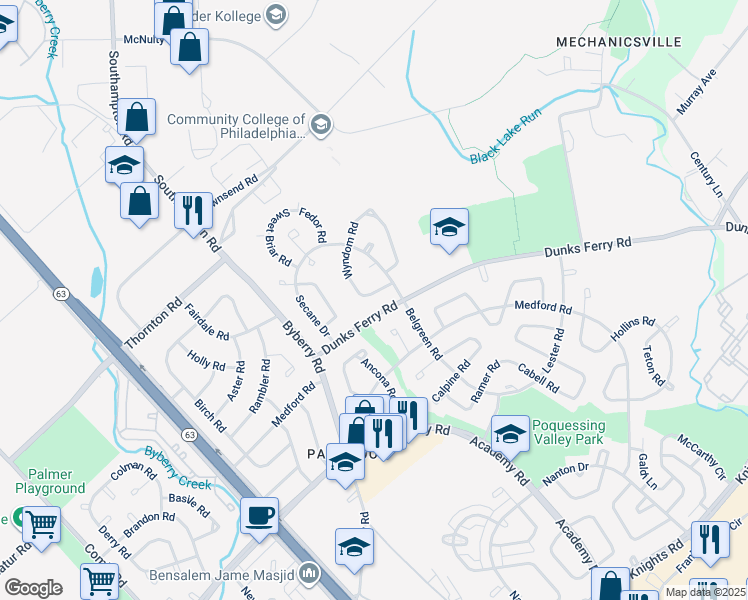 map of restaurants, bars, coffee shops, grocery stores, and more near 12413 Rambler Road in Philadelphia
