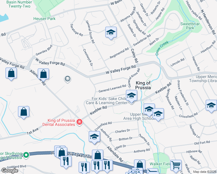 map of restaurants, bars, coffee shops, grocery stores, and more near 561 General Learned Road in King of Prussia