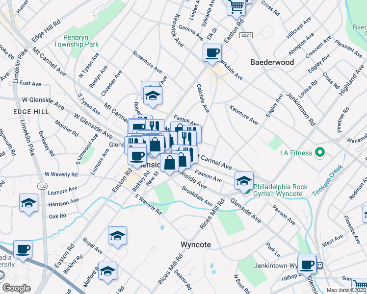 map of restaurants, bars, coffee shops, grocery stores, and more near 2221 Mount Carmel Avenue in Glenside