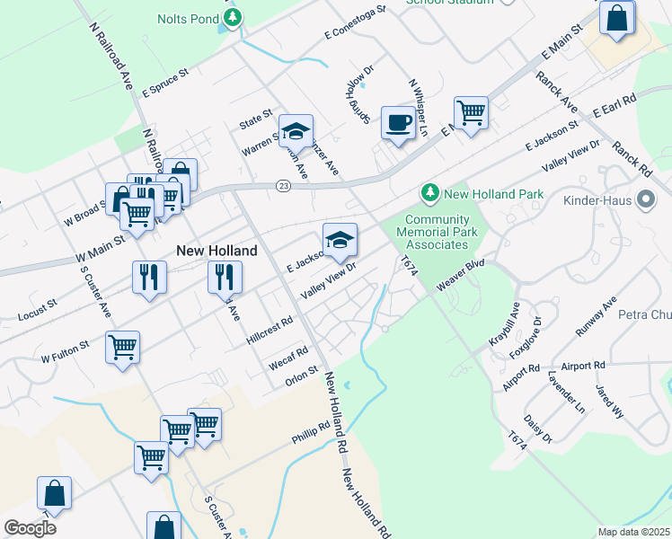 map of restaurants, bars, coffee shops, grocery stores, and more near 343 Valley View Drive in New Holland
