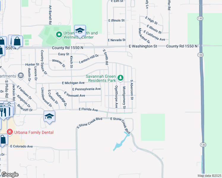 map of restaurants, bars, coffee shops, grocery stores, and more near 1412 South Smith Road in Urbana