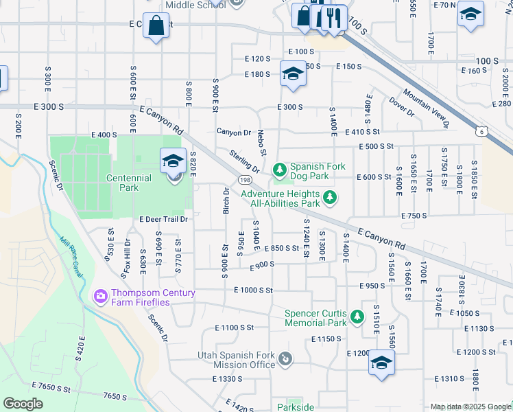 map of restaurants, bars, coffee shops, grocery stores, and more near 670 South 1100 East in Spanish Fork