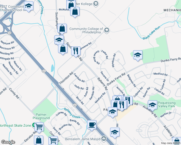 map of restaurants, bars, coffee shops, grocery stores, and more near 3014 Byberry Road in Philadelphia