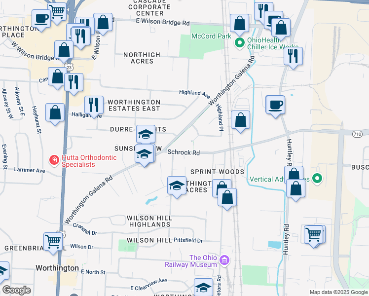 map of restaurants, bars, coffee shops, grocery stores, and more near 300 Schrock Road in Worthington