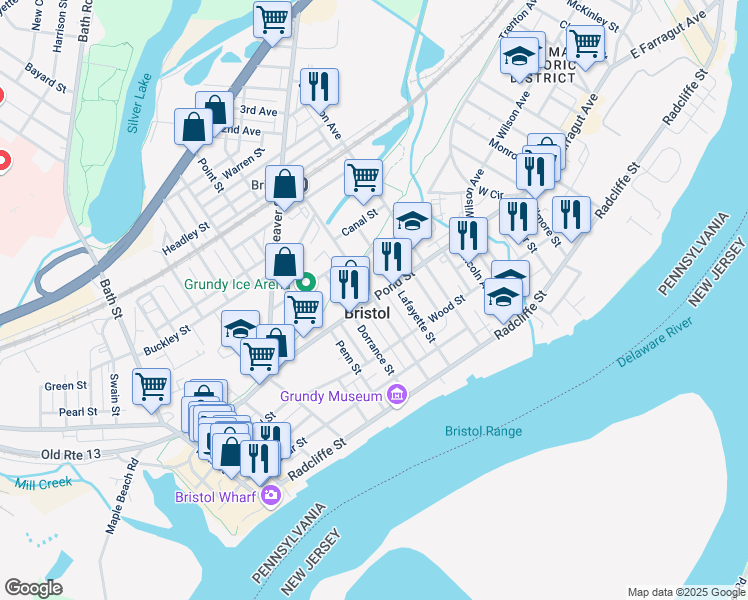 map of restaurants, bars, coffee shops, grocery stores, and more near 400 Washington Street in Bristol