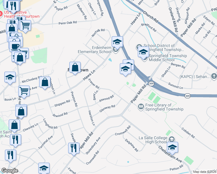 map of restaurants, bars, coffee shops, grocery stores, and more near 908 Fraser Road in Erdenheim