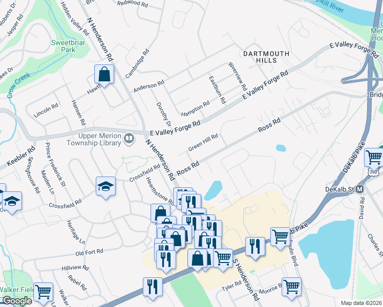 map of restaurants, bars, coffee shops, grocery stores, and more near 141 Green Hill Rd in King of Prussia
