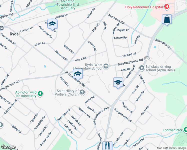map of restaurants, bars, coffee shops, grocery stores, and more near 1178 Timbergate Drive in Jenkintown