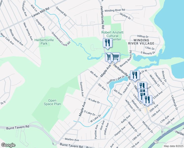 map of restaurants, bars, coffee shops, grocery stores, and more near 518 4th Avenue in Brick Township