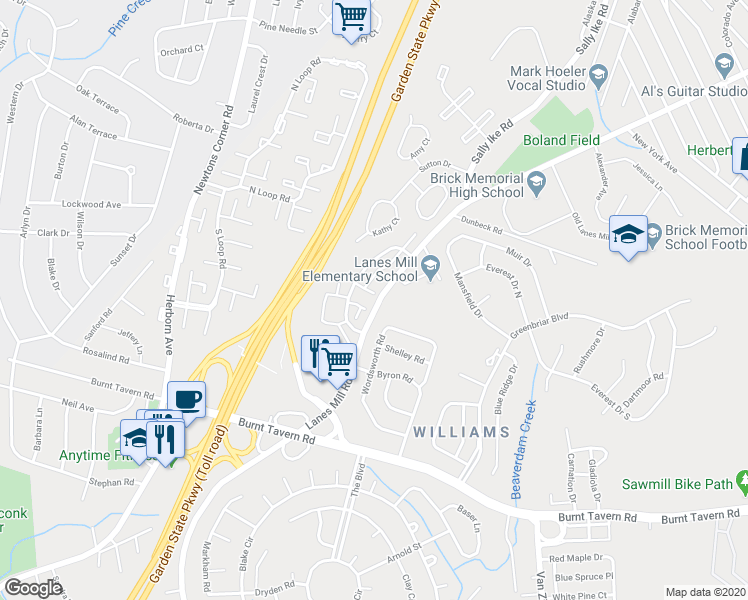 map of restaurants, bars, coffee shops, grocery stores, and more near 96 Primrose Lane in Brick Township