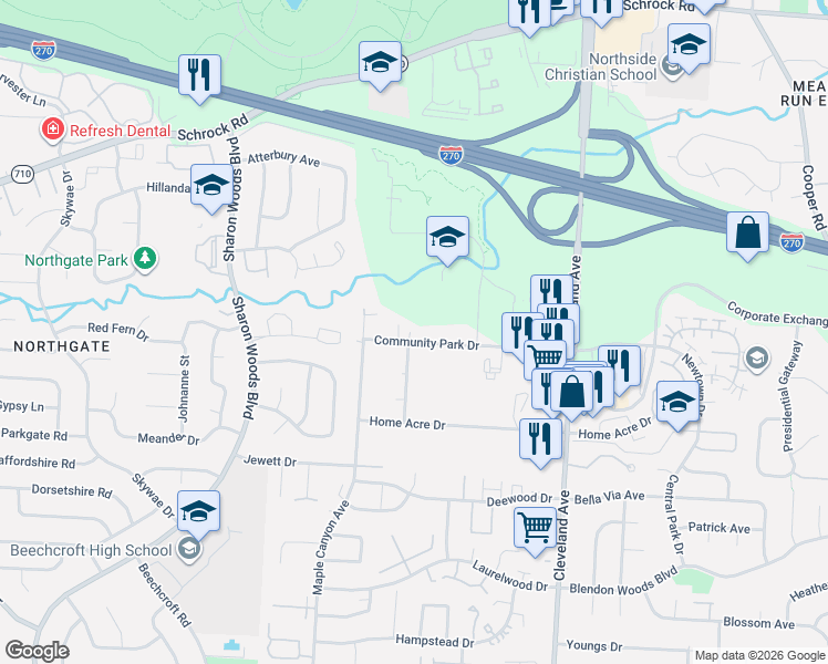 map of restaurants, bars, coffee shops, grocery stores, and more near 1270 Community Park Dr in Columbus