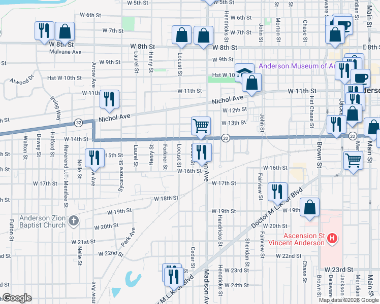 map of restaurants, bars, coffee shops, grocery stores, and more near 1433 Cedar Street in Anderson
