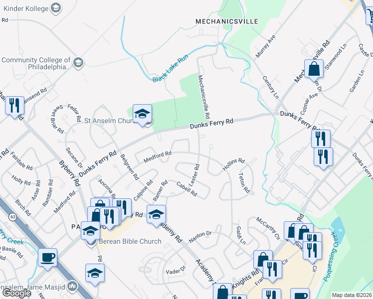 map of restaurants, bars, coffee shops, grocery stores, and more near 12735 Minden Road in Philadelphia