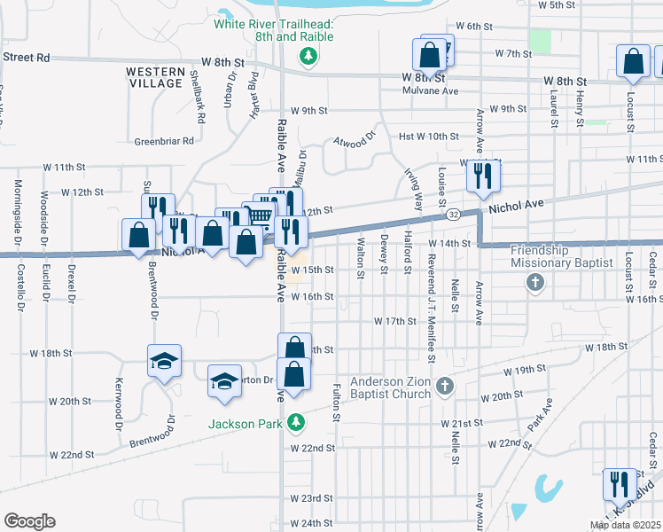 map of restaurants, bars, coffee shops, grocery stores, and more near 2302 West 15th Street in Anderson