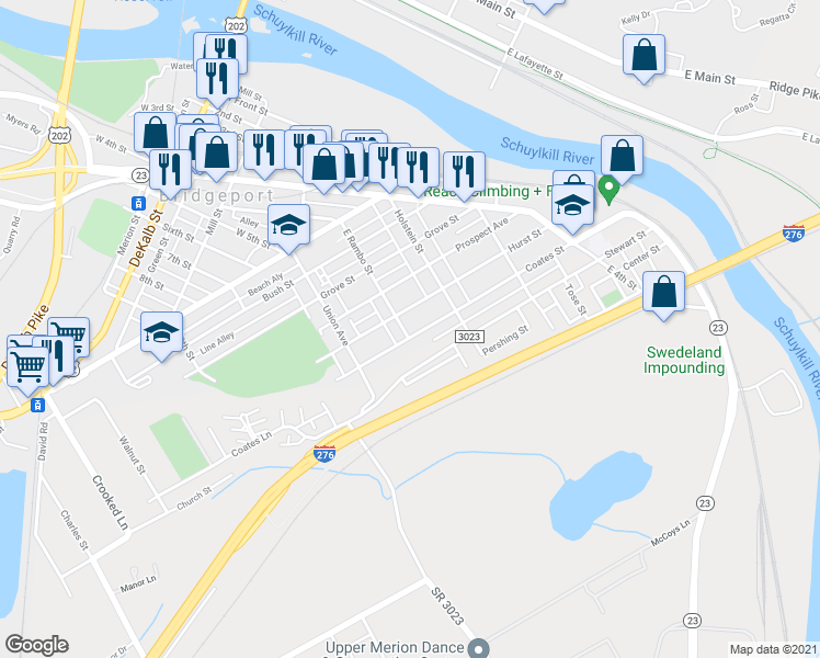 map of restaurants, bars, coffee shops, grocery stores, and more near 447 Coates St in Bridgeport