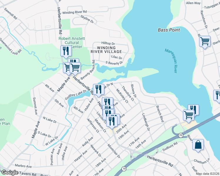 map of restaurants, bars, coffee shops, grocery stores, and more near 213 Cleveland Court in Brick Township