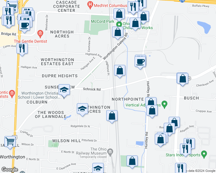 map of restaurants, bars, coffee shops, grocery stores, and more near 386 Schrock Road in Worthington