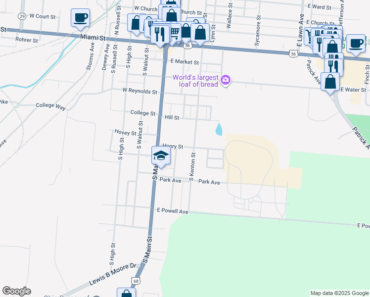 map of restaurants, bars, coffee shops, grocery stores, and more near 215 Henry Street in Urbana