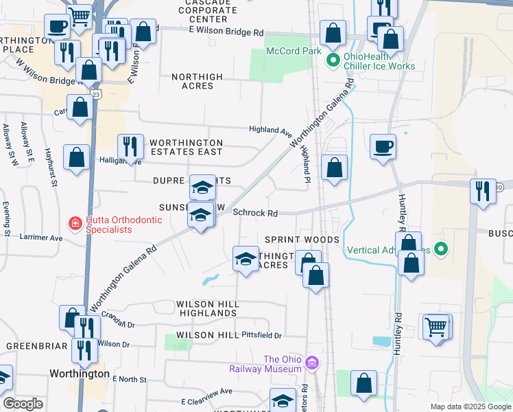 map of restaurants, bars, coffee shops, grocery stores, and more near 300 Schrock Road in Worthington