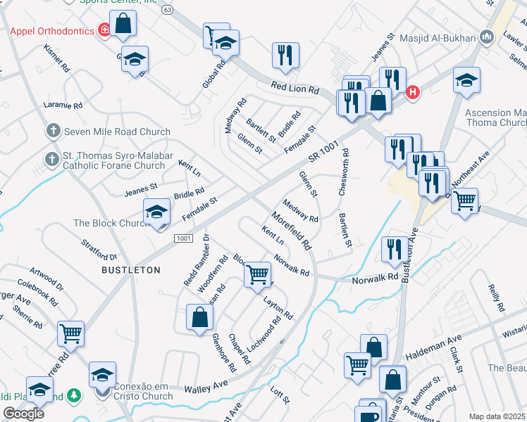 map of restaurants, bars, coffee shops, grocery stores, and more near 1116 Morefield Road in Philadelphia