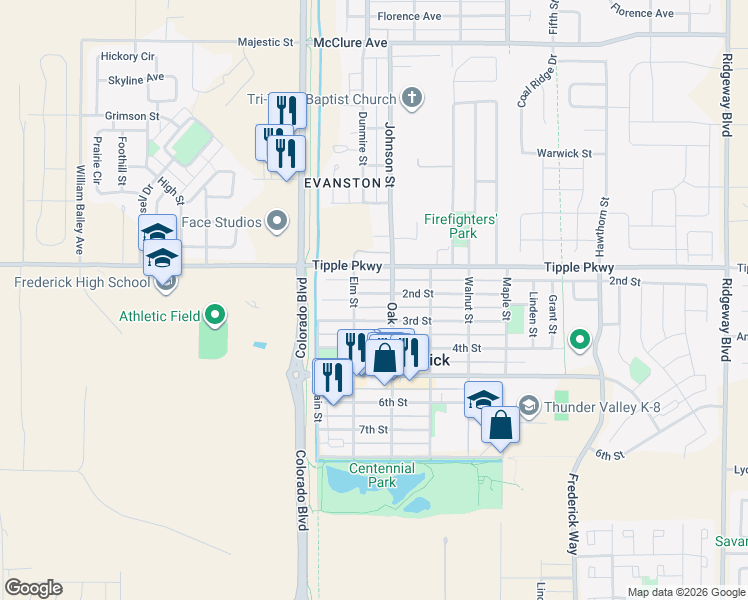 map of restaurants, bars, coffee shops, grocery stores, and more near 222 2nd Street in Frederick