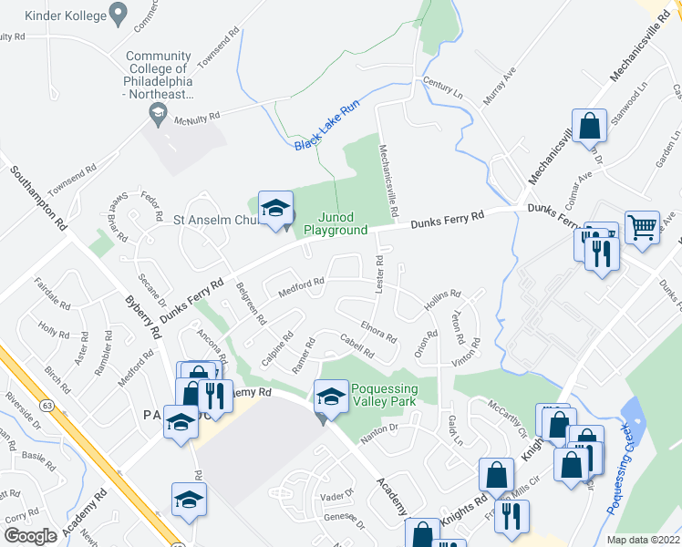 map of restaurants, bars, coffee shops, grocery stores, and more near 12702 Medford Road in Philadelphia