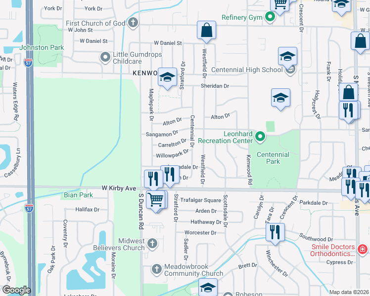 map of restaurants, bars, coffee shops, grocery stores, and more near 2706 Willowpark Drive in Champaign