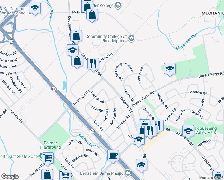 map of restaurants, bars, coffee shops, grocery stores, and more near 3014 Byberry Road in Philadelphia