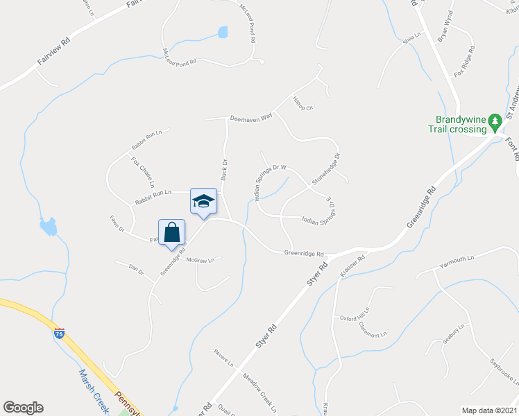 map of restaurants, bars, coffee shops, grocery stores, and more near 122 Indian Springs Drive West in Glenmoore