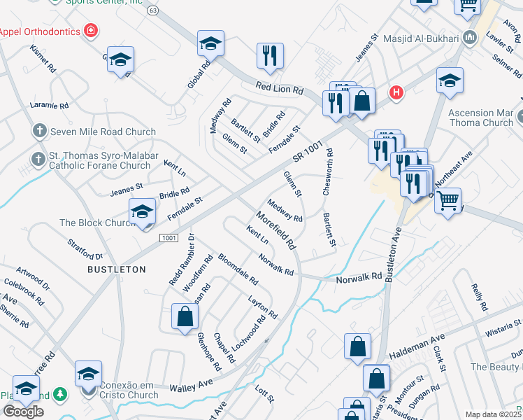 map of restaurants, bars, coffee shops, grocery stores, and more near 1121 Morefield Road in Philadelphia