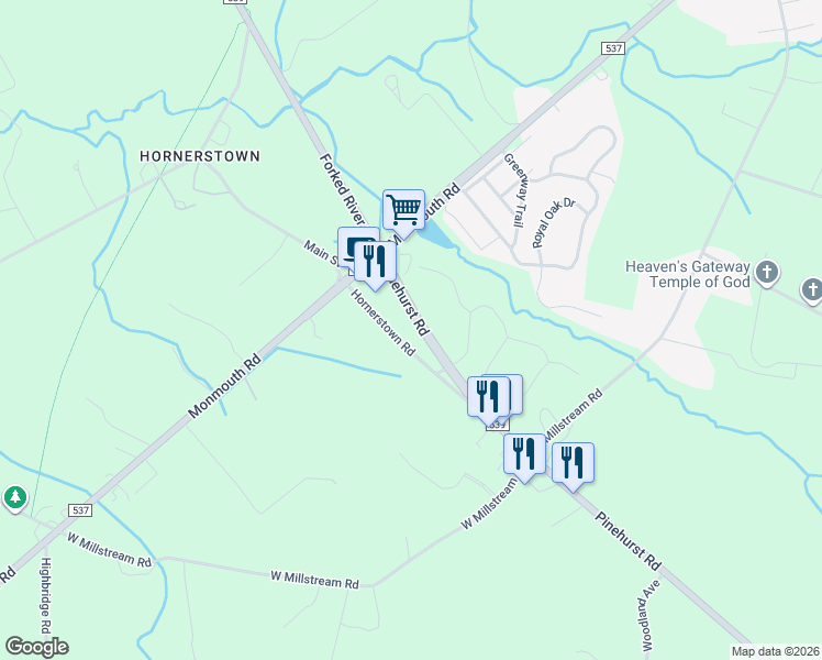 map of restaurants, bars, coffee shops, grocery stores, and more near 411 County Road 539 in Plumsted