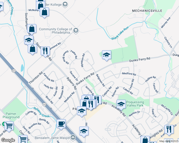 map of restaurants, bars, coffee shops, grocery stores, and more near 12419 Rambler Road in Philadelphia