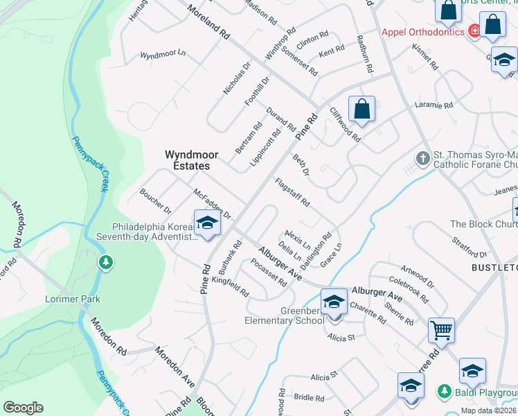 map of restaurants, bars, coffee shops, grocery stores, and more near 9227 Burbank Road in Philadelphia
