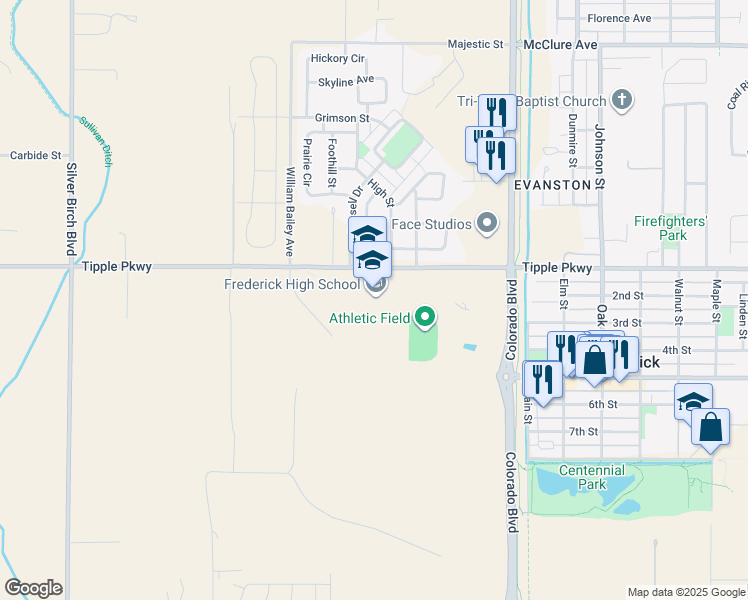 map of restaurants, bars, coffee shops, grocery stores, and more near 5690 Tipple Parkway in Dacono