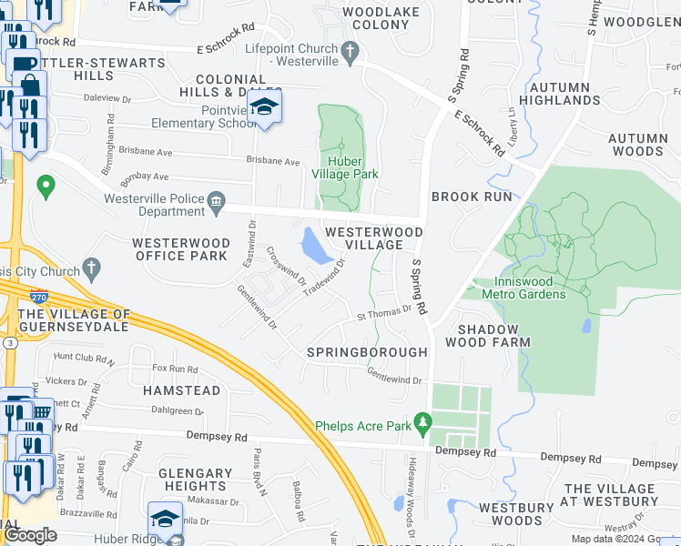 map of restaurants, bars, coffee shops, grocery stores, and more near 862 Tradewind Drive in Westerville