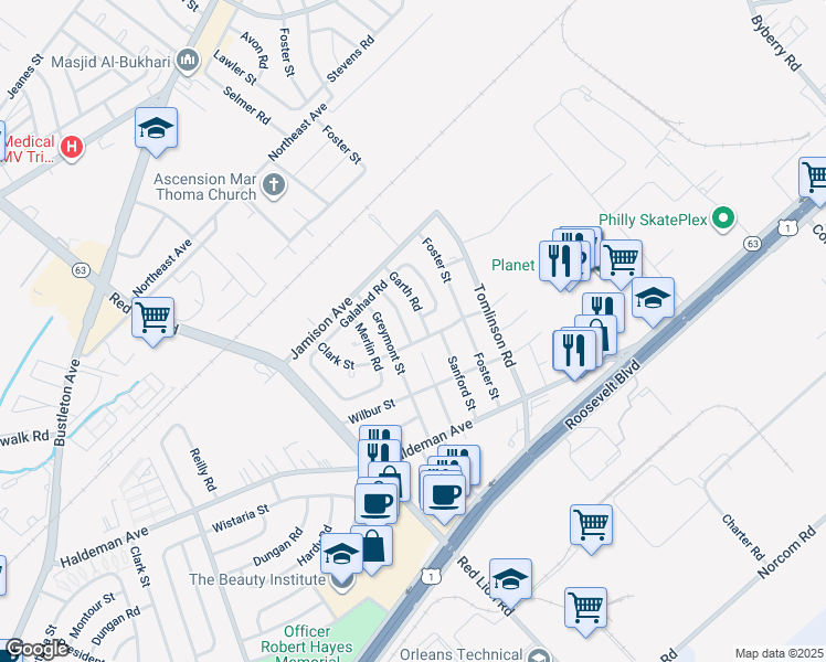map of restaurants, bars, coffee shops, grocery stores, and more near 1871 Kentwood Street in Philadelphia