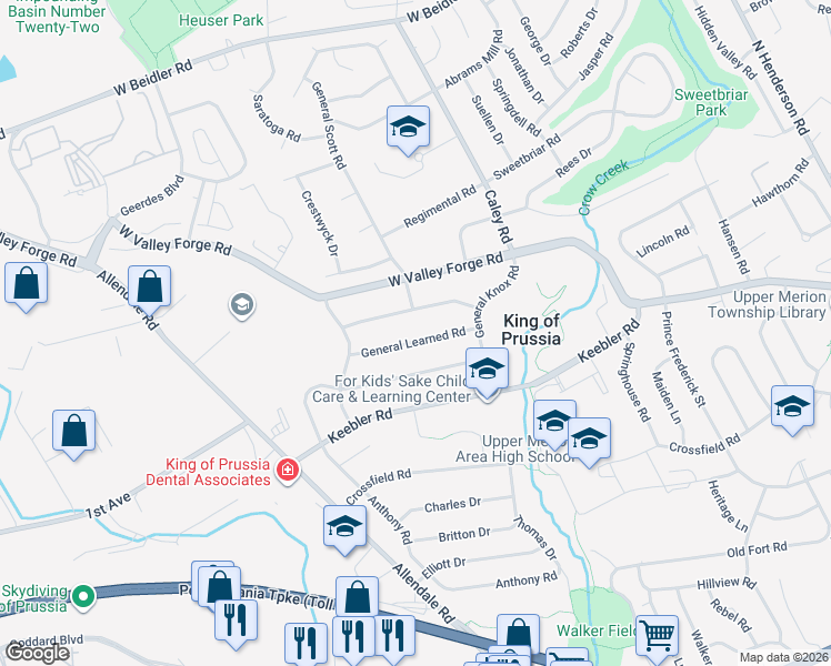 map of restaurants, bars, coffee shops, grocery stores, and more near 561 General Learned Road in King of Prussia
