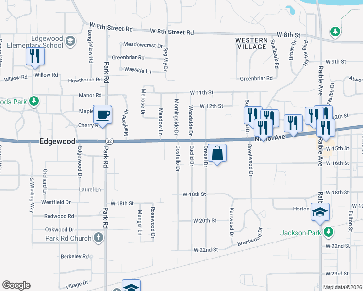 map of restaurants, bars, coffee shops, grocery stores, and more near 1418 Costello Drive in Anderson