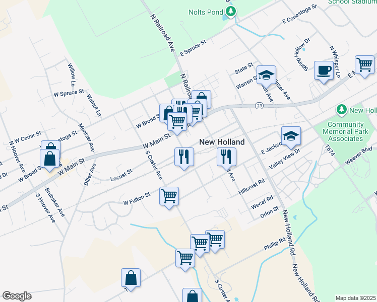 map of restaurants, bars, coffee shops, grocery stores, and more near 146 East Franklin Street in New Holland