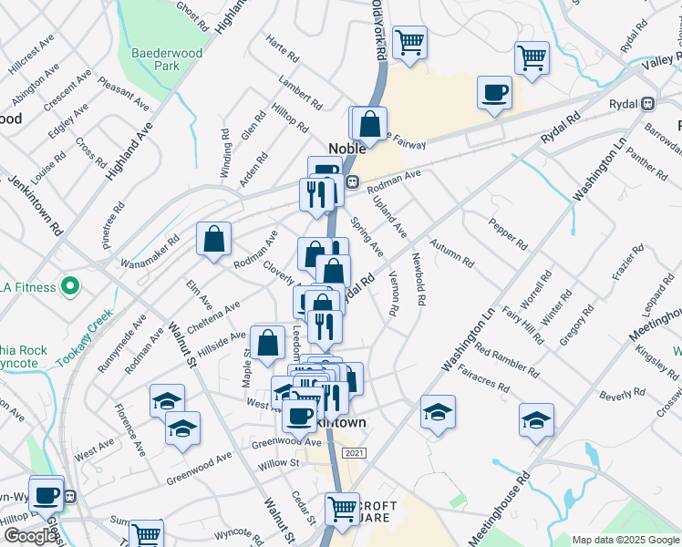 map of restaurants, bars, coffee shops, grocery stores, and more near 2 Rydal Road in Jenkintown