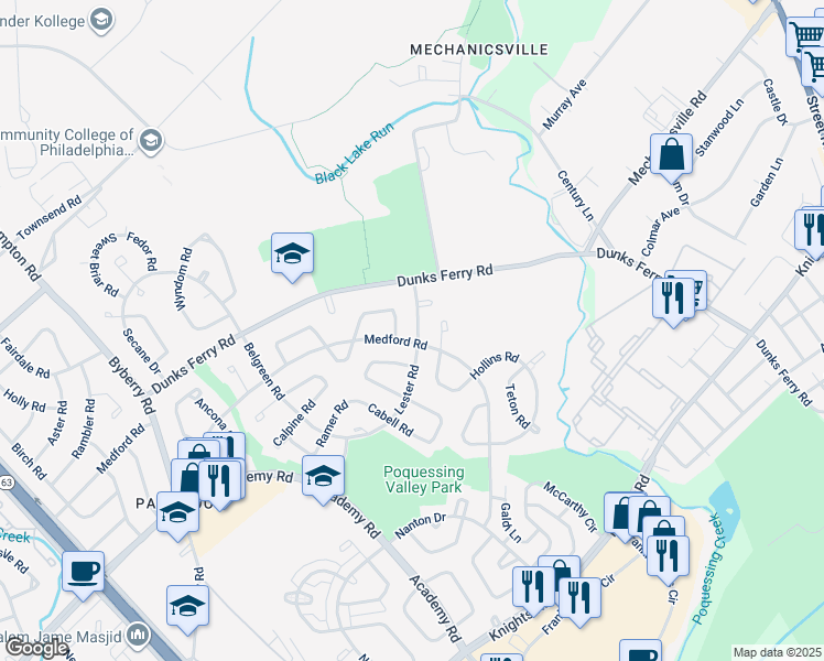 map of restaurants, bars, coffee shops, grocery stores, and more near 3242 Lester Road in Philadelphia