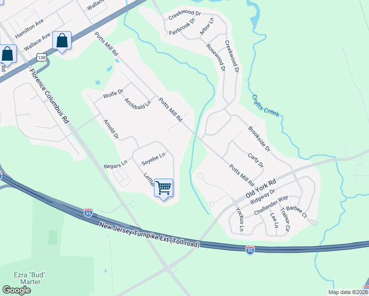 map of restaurants, bars, coffee shops, grocery stores, and more near 1036 Potts Mill Road in Bordentown