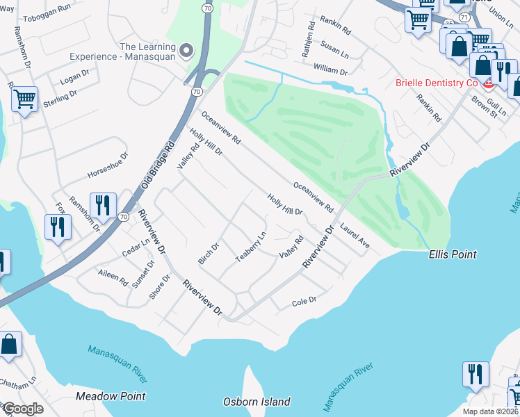 map of restaurants, bars, coffee shops, grocery stores, and more near 904 Teaberry Lane in Brielle