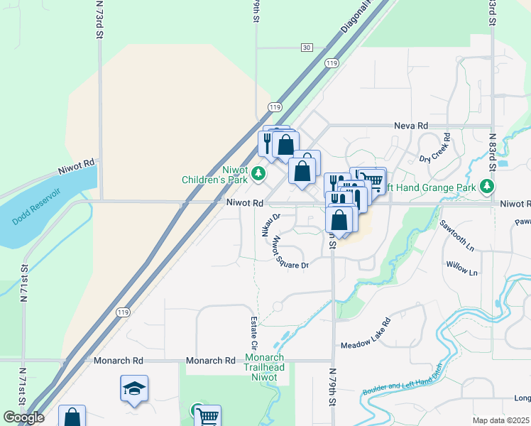 map of restaurants, bars, coffee shops, grocery stores, and more near 7756 Nikau Drive in Longmont
