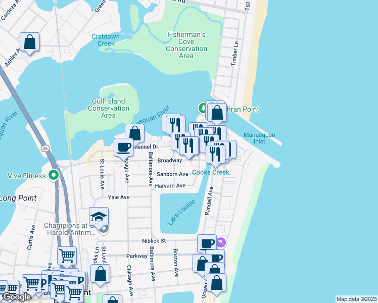 map of restaurants, bars, coffee shops, grocery stores, and more near 53 Broadway in Point Pleasant Beach