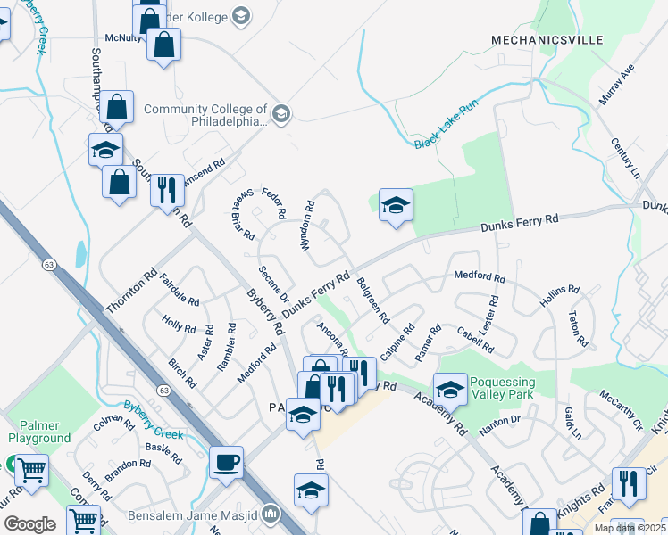 map of restaurants, bars, coffee shops, grocery stores, and more near 12419 Rambler Road in Philadelphia