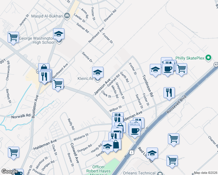 map of restaurants, bars, coffee shops, grocery stores, and more near 10109 Galahad Road in Philadelphia