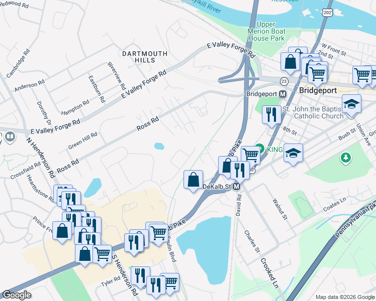 map of restaurants, bars, coffee shops, grocery stores, and more near 241 Boro Line Road in King of Prussia
