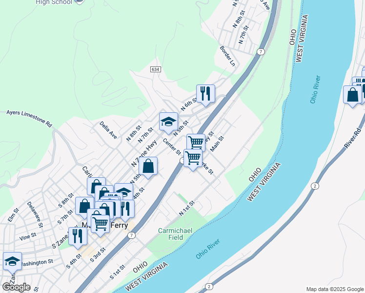 map of restaurants, bars, coffee shops, grocery stores, and more near 413 Center Street in Martins Ferry